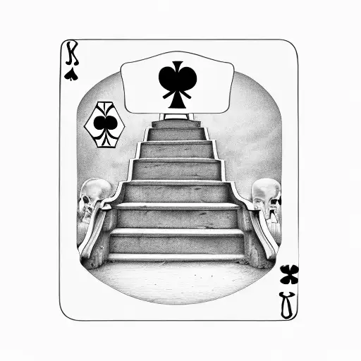 Large hearts playing card with stairs leading to sandtimer and skull/gravestone at the top tattoo design idea