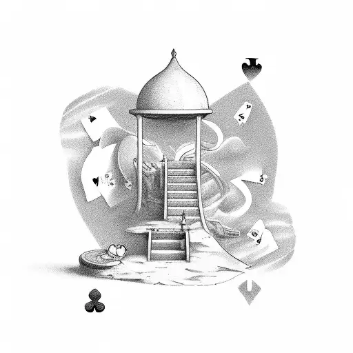 Sand timer with stairs and hearts playing cards tattoo design idea