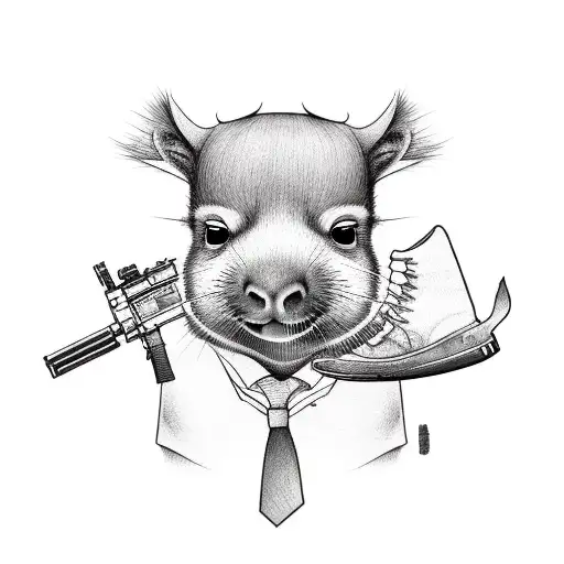 A capivara character in a sketch style, holding a GTA weapon tattoo design idea