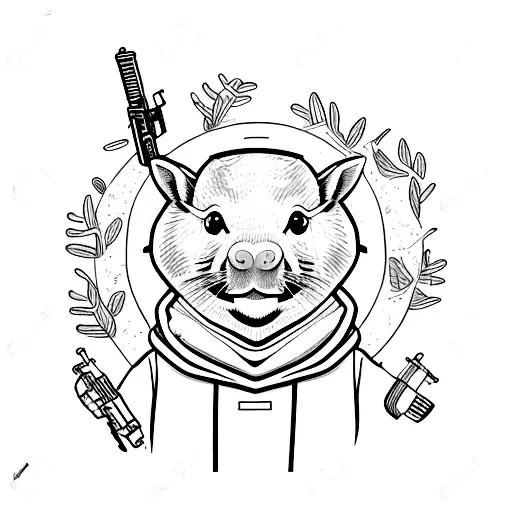 A capivara character in a sketch style, holding a GTA weapon tattoo design idea