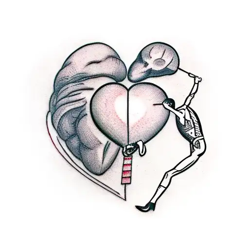 tightrope walker juggling a heart, a brain and money tattoo design idea