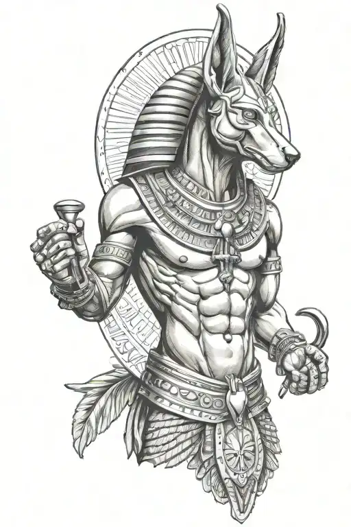 Anubis egypcian god holding the scale with feather and heart.  tattoo design idea