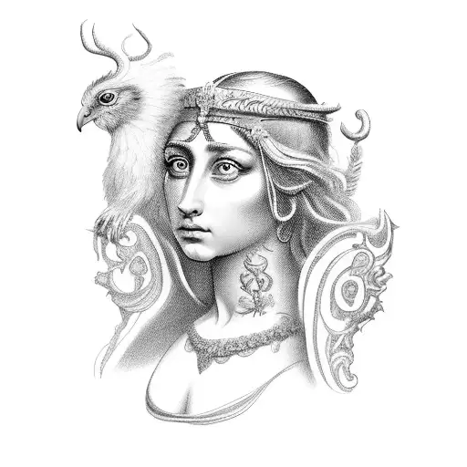 Diosa griega Nemesis y con un águila, quiero que esta diosa tenga el cuerpo completo y una silueta femenina  tattoo design idea