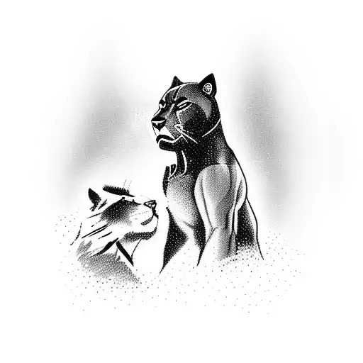 A romantic scene of a black panther and a loved one, surrounded by a serene wildlife landscape tattoo design idea
