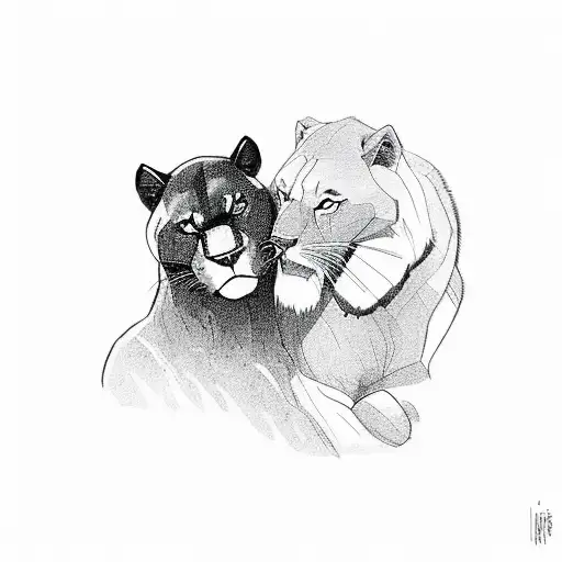 A romantic scene of a black panther and a loved one, surrounded by a serene wildlife landscape tattoo design idea