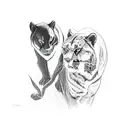 A romantic scene of a black panther and a loved one, surrounded by a serene wildlife landscape tattoo design idea