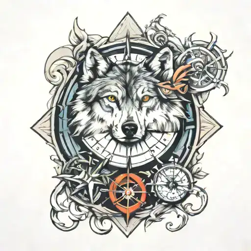 wolf and compass surrounded tattoo design idea