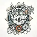 wolf and compass surrounded tattoo design idea