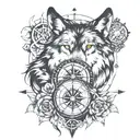 wolf and compass surrounded tattoo design idea