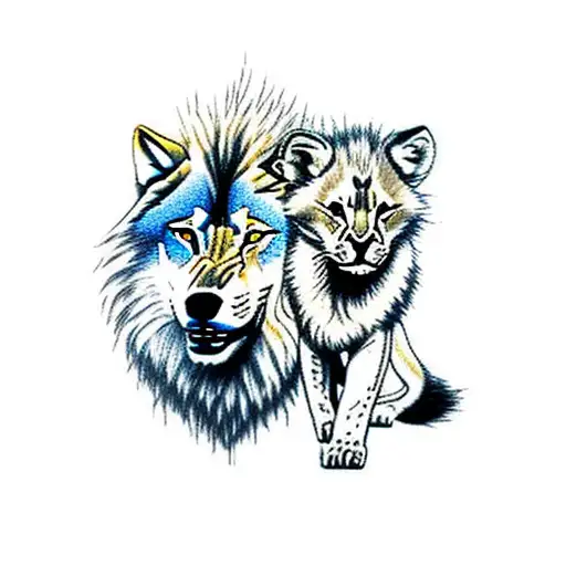 wolf with lion cub simba between legs tattoo design idea