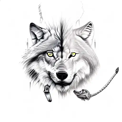 wolf with lion cub simba between legs tattoo design idea