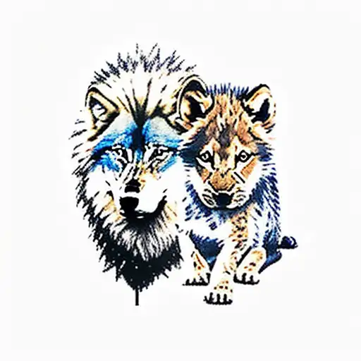 wolf with lion cub simba between legs tattoo design idea