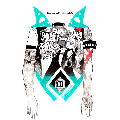 Arm sleeve that incorporates lyrics from the bring me horizon song “doomed”, aqua and wayfinders from the video game kin tattoo design idea