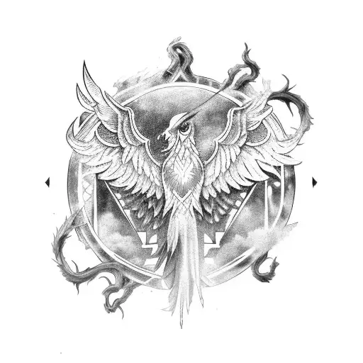a phoenix rising from the ashes with cool wings and geometric background tattoo design idea