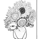A black and white simple outline of Vincent Van Gogh's face with his drawing of sunflowers surrounding the face tattoo design idea