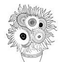 A black and white simple outline of Vincent Van Gogh's face with his drawing of sunflowers surrounding the face tattoo design idea