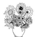 A black and white simple outline of Vincent Van Gogh's face with his drawing of sunflowers surrounding the face tattoo design idea