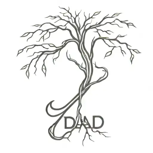 A hockey stick transforming into a tree with roots spelling out 'Dad' tattoo design idea