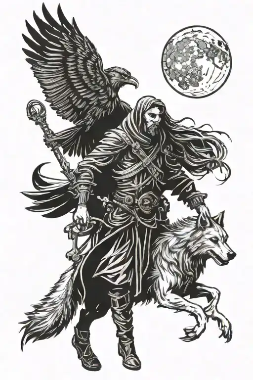 warlock with wolf and raven waxing moon shining tattoo design idea