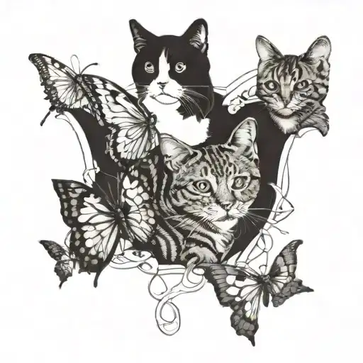 butterflies on top, a cat sitting next to it, the inscription "Kevin" tattoo design idea