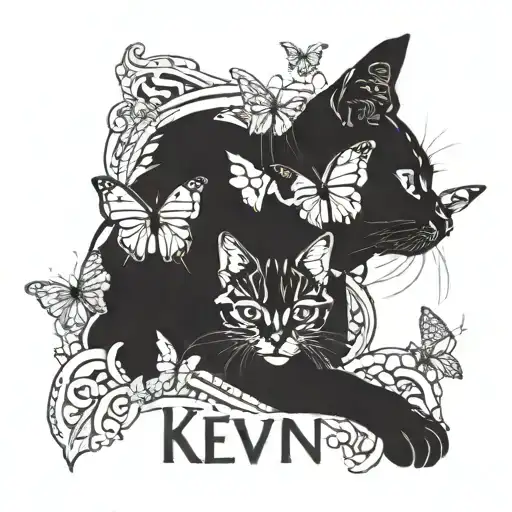 butterflies on top, a cat sitting next to it, the inscription "Kevin" on the bottom tattoo design idea