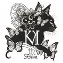 butterflies on top, a cat sitting next to it, the inscription "Kevin" on the bottom tattoo design idea