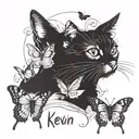 butterflies on top, a cat sitting next to it, the inscription "Kevin" on the bottom tattoo design idea