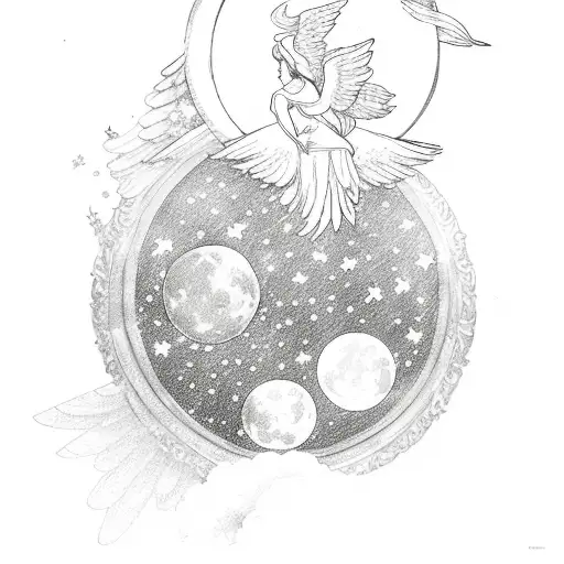 peonies with angels, moon, sun, stars and geen tattoo design idea
