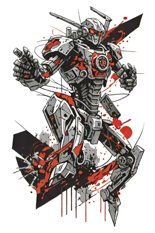 A manga-style goldrake robot battling alien creatures in a metal music concert arena tattoo design idea