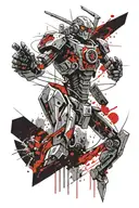 A manga-style goldrake robot battling alien creatures in a metal music concert arena tattoo design idea