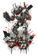 A manga-style goldrake robot battling alien creatures in a metal music concert arena tattoo design idea