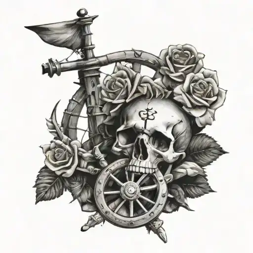 skull rose and ship wheel tattoo design idea