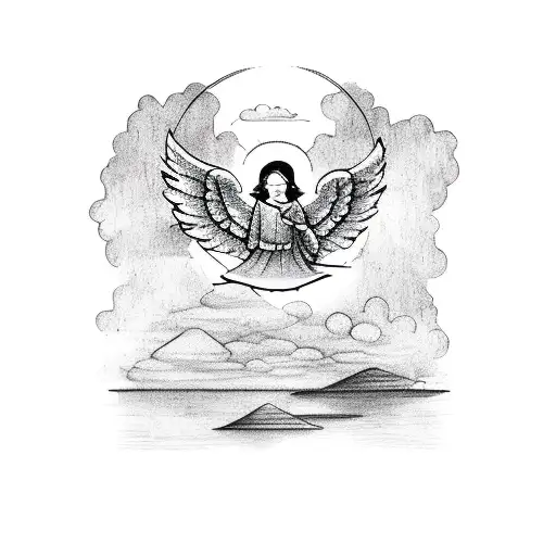A celestial angel floating above a tranquil lake surrounded by lush greenery tattoo design idea