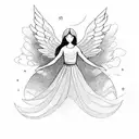 A celestial angel floating above a tranquil lake surrounded by lush greenery tattoo design idea