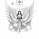 A celestial angel floating above a tranquil lake surrounded by lush greenery tattoo design idea