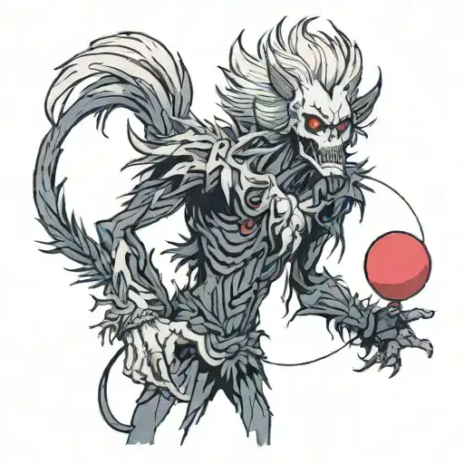 anime ryuk with a long whitish beard holding a balloon animal in 1 hand and pulling the heart out of a young person with tattoo design idea