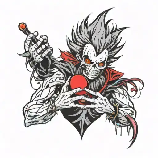 anime ryuk with a long beard holding a balloon animal in 1 hand and pulling the heart out of a young person with other  tattoo design idea
