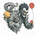 anime ryuk with a long whitish beard holding a balloon animal in 1 hand and pulling the heart out of a young person with tattoo design idea