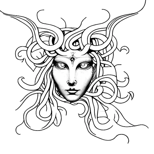 Design a minimalist tattoo of Medusa's face with a hauntingly beautiful aesthetic tattoo design idea
