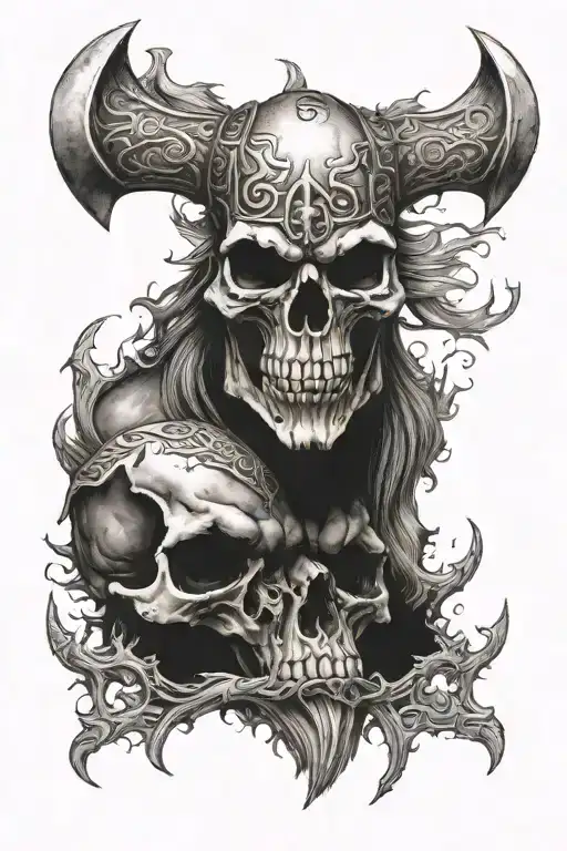 norse myth axe, skull, wolf face tattoo design idea