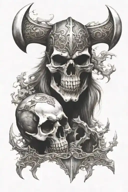 norse myth axe, skull, wolf face tattoo design idea