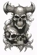 norse myth axe, skull, wolf face tattoo design idea