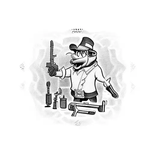 A cartoon Disney character dressed as a gunsmith, surrounded by various tools of the trade. tattoo design idea