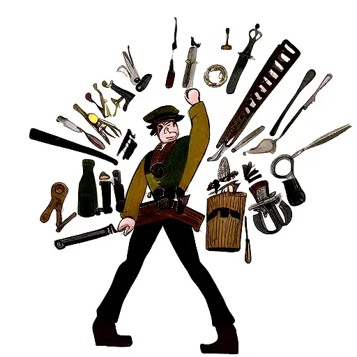 A cartoon Disney character dressed as a gunsmith, surrounded by various tools of the trade. tattoo design idea