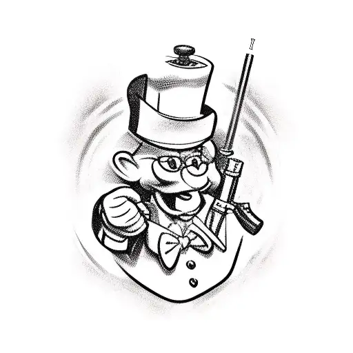 A cartoon Disney character dressed as a gunsmith, surrounded by various tools of the trade. tattoo design idea