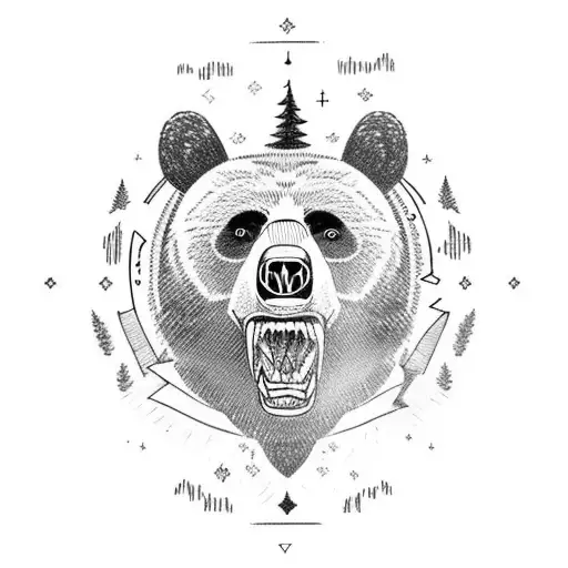 huge black bear with his mouth open in woods and nordics runes around tattoo design idea