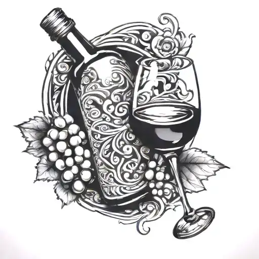 wine bottle and wine glass tattoo design idea