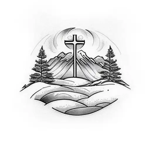 Christian cross with trees, mountains, and a swirl pattern tattoo design idea