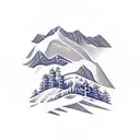 Christian cross with trees, mountains, and a swirl pattern tattoo design idea