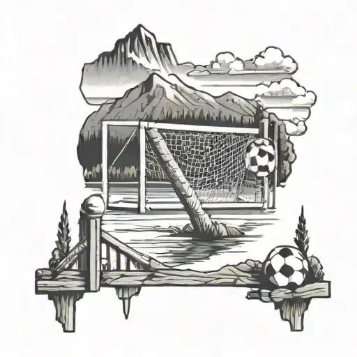 A tattoo of a football goal post set against a backdrop of the Lake District mountains tattoo design idea